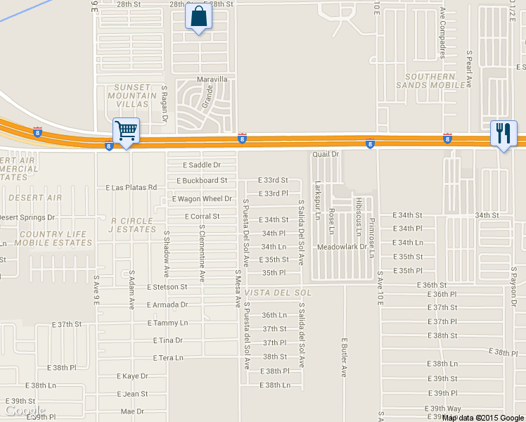 map of restaurants, bars, coffee shops, grocery stores, and more near 9589 East 33rd Lane in Yuma