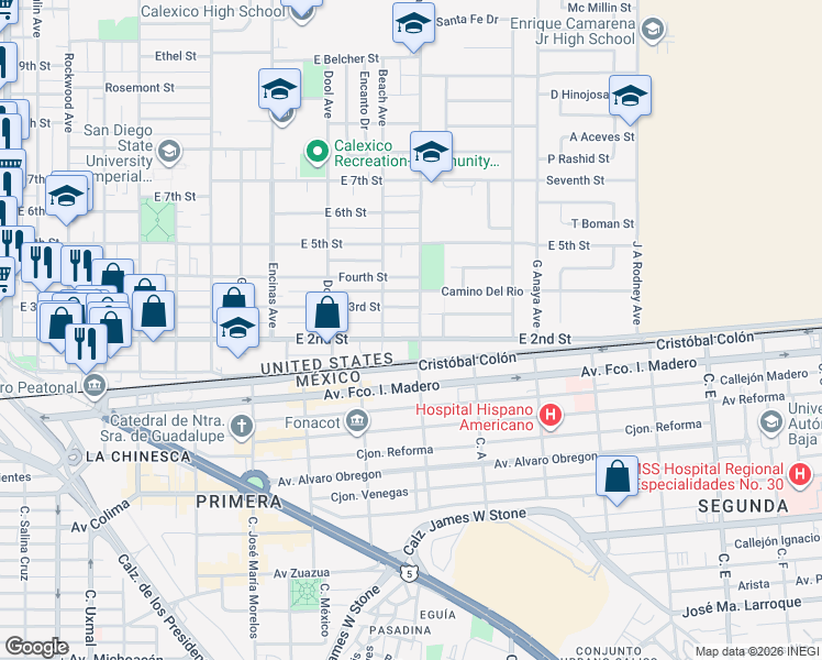 map of restaurants, bars, coffee shops, grocery stores, and more near 1025 East 2nd Street in Calexico