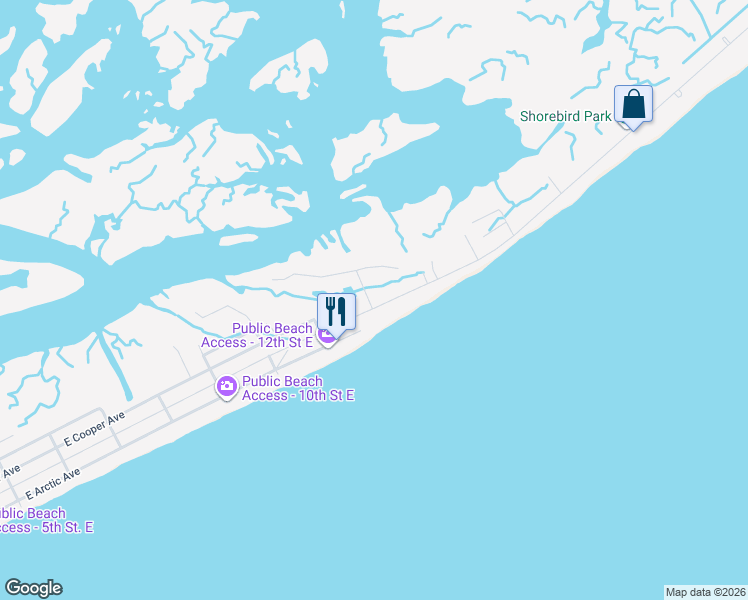 map of restaurants, bars, coffee shops, grocery stores, and more near 1304 East Ashley Avenue in Folly Beach