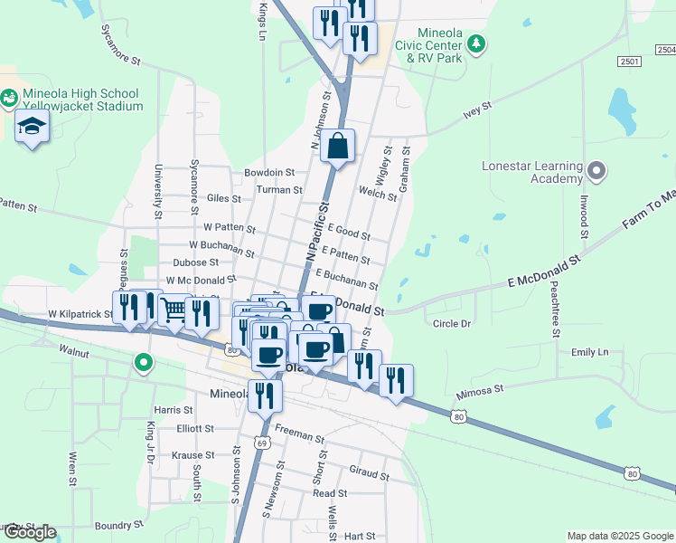 map of restaurants, bars, coffee shops, grocery stores, and more near 504 North Newsom Street in Mineola