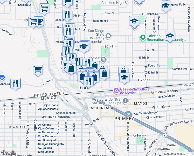 map of restaurants, bars, coffee shops, grocery stores, and more near 327 East 2nd Street in Calexico