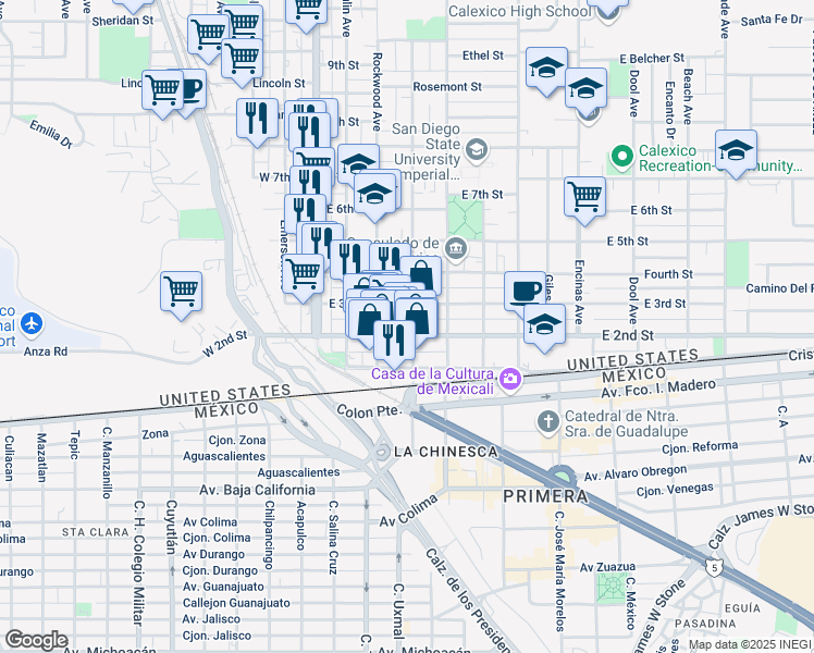 map of restaurants, bars, coffee shops, grocery stores, and more near 243 E 2nd St in Calexico