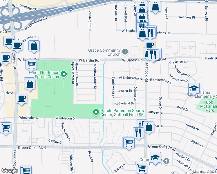 map of restaurants, bars, coffee shops, grocery stores, and more near 4911 South Prairieview in Arlington