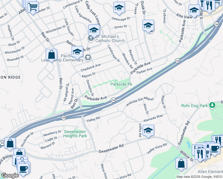 map of restaurants, bars, coffee shops, grocery stores, and more near 3077 Vesuvia Way in San Diego