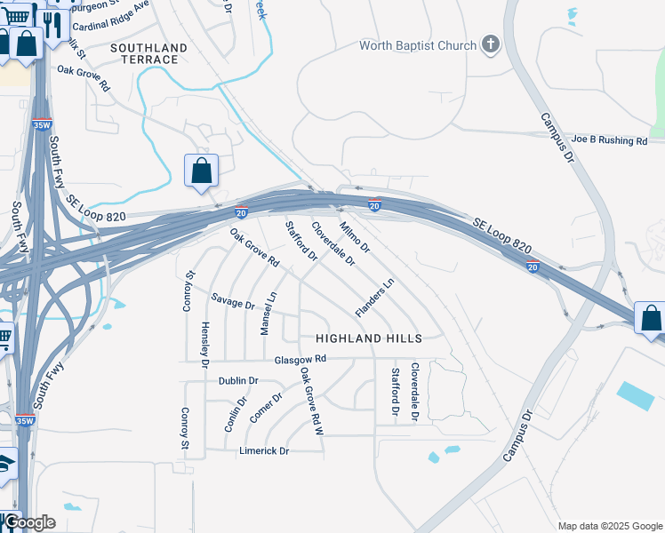 map of restaurants, bars, coffee shops, grocery stores, and more near 1409 Stafford Drive in Fort Worth