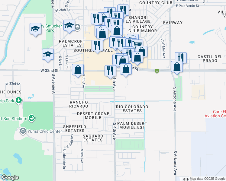 map of restaurants, bars, coffee shops, grocery stores, and more near 3333 South 4th Avenue in Yuma
