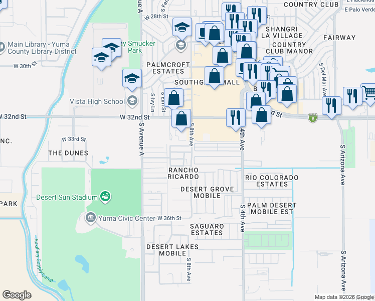 map of restaurants, bars, coffee shops, grocery stores, and more near 3300 South 8th Avenue in Yuma