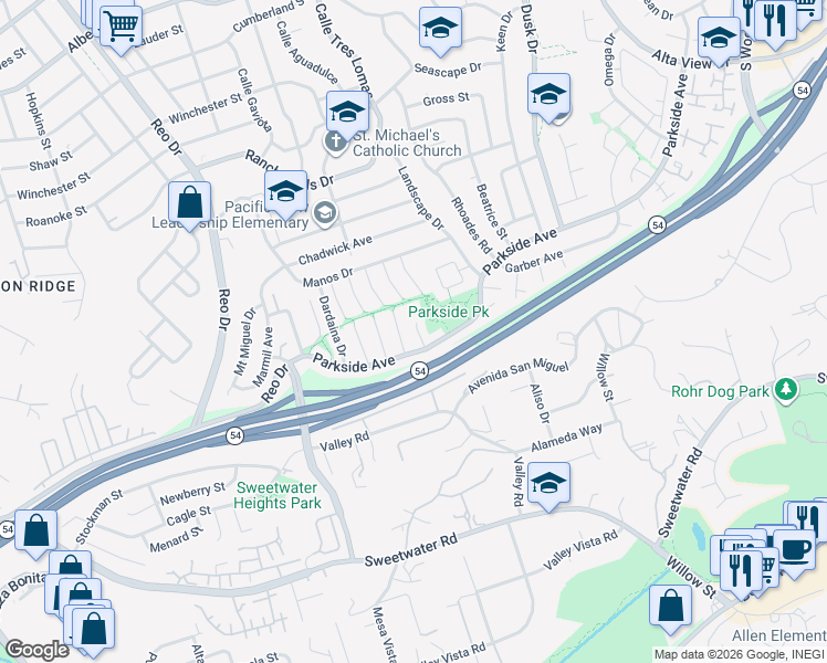 map of restaurants, bars, coffee shops, grocery stores, and more near 3077 Vesuvia Way in San Diego