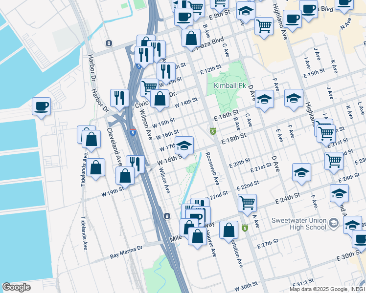 map of restaurants, bars, coffee shops, grocery stores, and more near 1713 Coolidge Avenue in National City