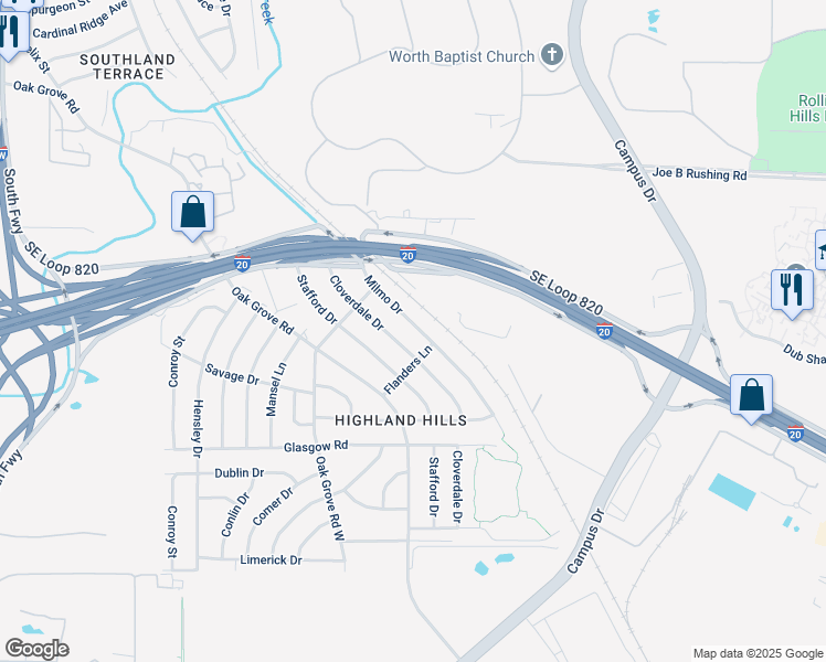 map of restaurants, bars, coffee shops, grocery stores, and more near 1441 Milmo Drive in Fort Worth