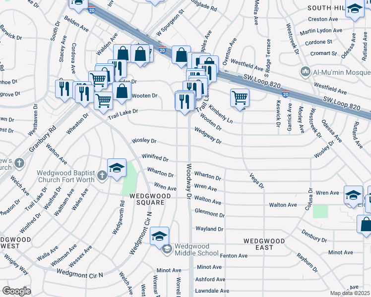 map of restaurants, bars, coffee shops, grocery stores, and more near 3841 Wosley Drive in Fort Worth