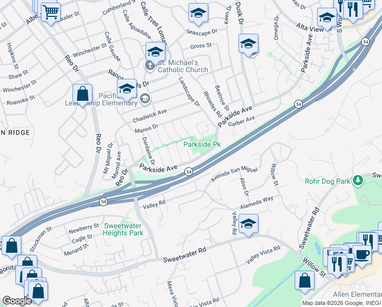 map of restaurants, bars, coffee shops, grocery stores, and more near 3077 Vesuvia Way in San Diego