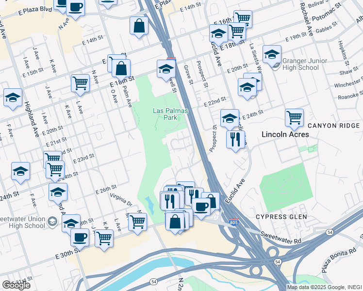 map of restaurants, bars, coffee shops, grocery stores, and more near 1915 Via Las Palmas in National City