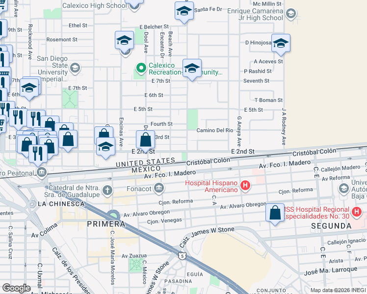 map of restaurants, bars, coffee shops, grocery stores, and more near 1025 East 2nd Street in Calexico