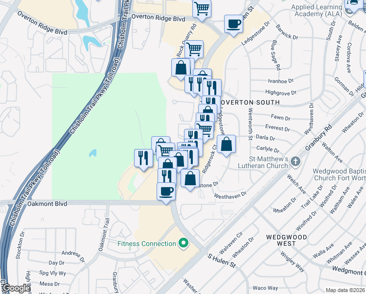 map of restaurants, bars, coffee shops, grocery stores, and more near 5700 South Hulen Street in Fort Worth