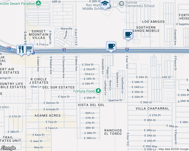 map of restaurants, bars, coffee shops, grocery stores, and more near 9677 East 33rd Street in Yuma
