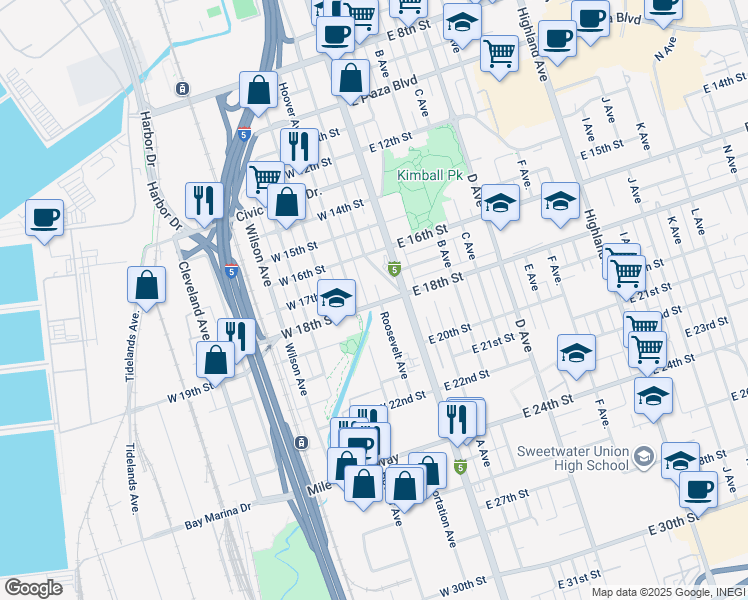 map of restaurants, bars, coffee shops, grocery stores, and more near 105 West 18th Street in National City