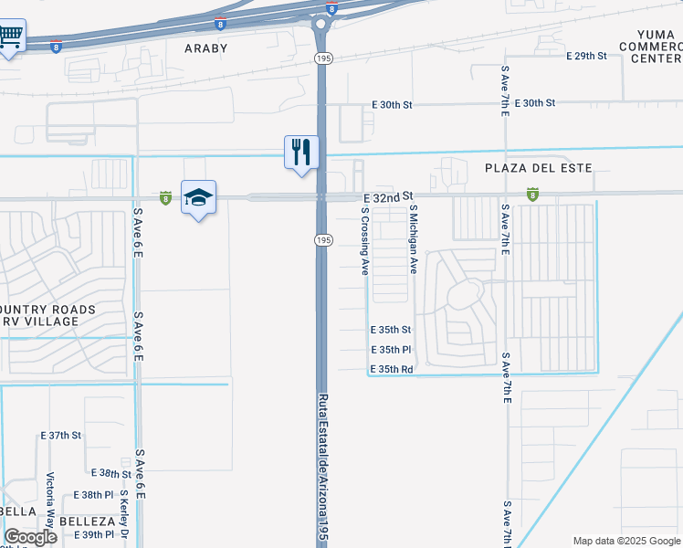 map of restaurants, bars, coffee shops, grocery stores, and more near 6541 East 33rd Lane in Yuma