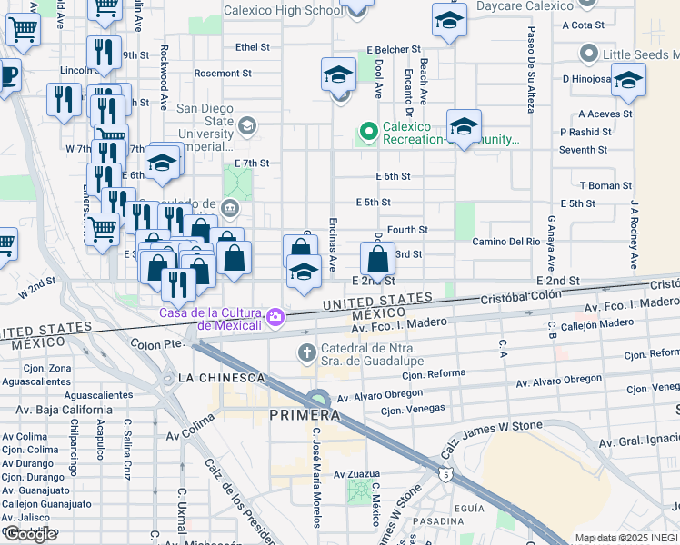 map of restaurants, bars, coffee shops, grocery stores, and more near 206 Encinas Ave in Calexico