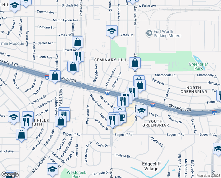 map of restaurants, bars, coffee shops, grocery stores, and more near 5332 Gordon Avenue in Fort Worth