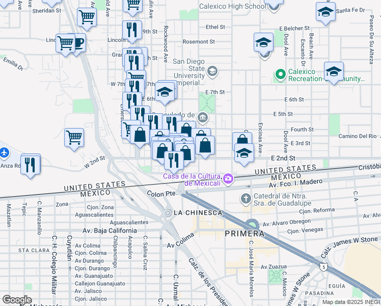 map of restaurants, bars, coffee shops, grocery stores, and more near 327 East 2nd Street in Calexico