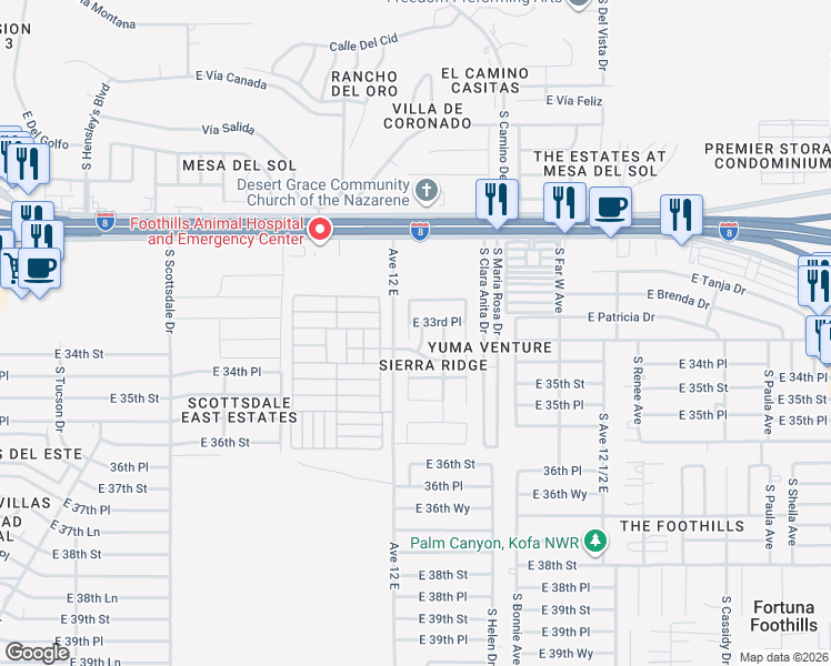 map of restaurants, bars, coffee shops, grocery stores, and more near 11285 Sally Drive in Yuma