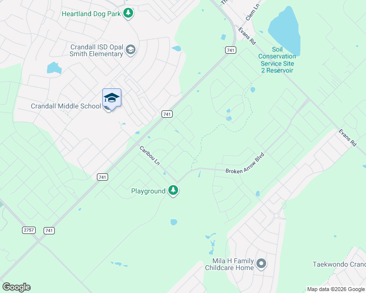 map of restaurants, bars, coffee shops, grocery stores, and more near Harwell Drive in Crandall