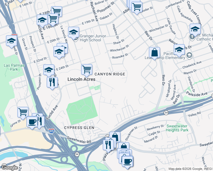 map of restaurants, bars, coffee shops, grocery stores, and more near 2926 Ridgeway Drive in National City