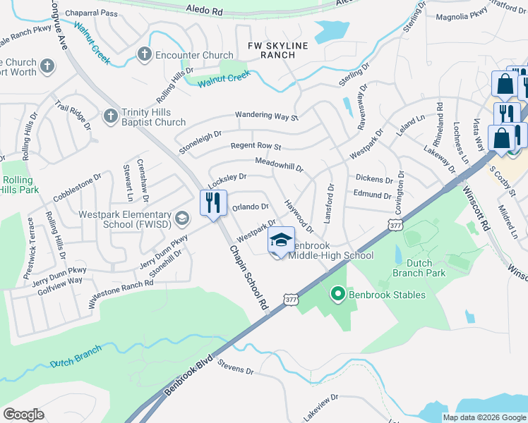 map of restaurants, bars, coffee shops, grocery stores, and more near 10105 Orlando Drive in Benbrook
