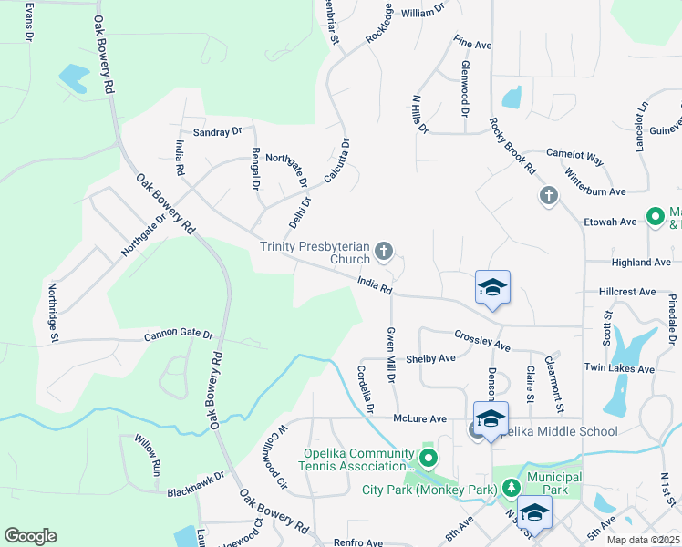 map of restaurants, bars, coffee shops, grocery stores, and more near 1241 India Road in Opelika