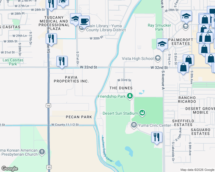 map of restaurants, bars, coffee shops, grocery stores, and more near 3364 South 17th Avenue in Yuma