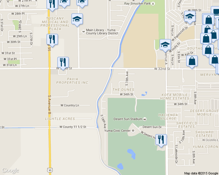 map of restaurants, bars, coffee shops, grocery stores, and more near 3364 South 17th Avenue in Yuma