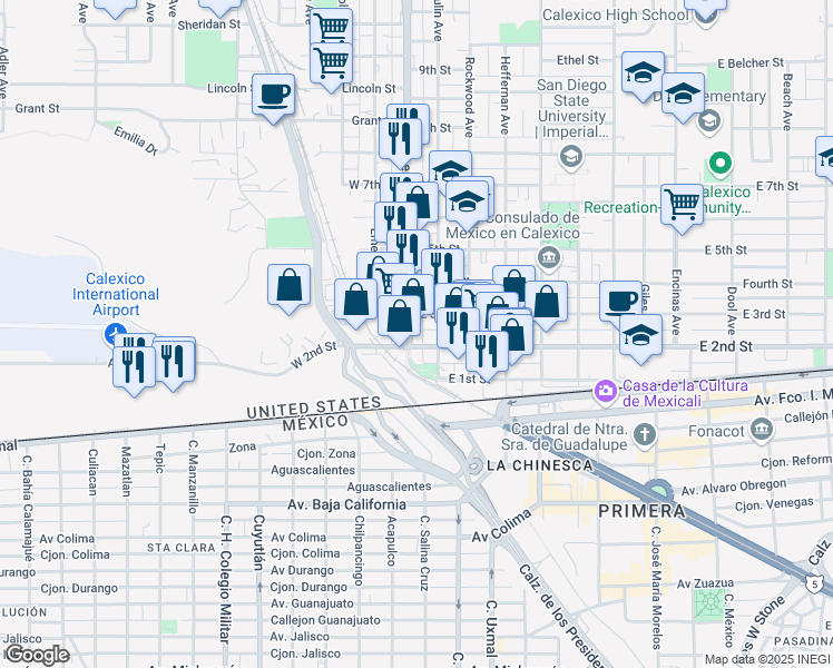 map of restaurants, bars, coffee shops, grocery stores, and more near 212 Imperial Avenue in Calexico