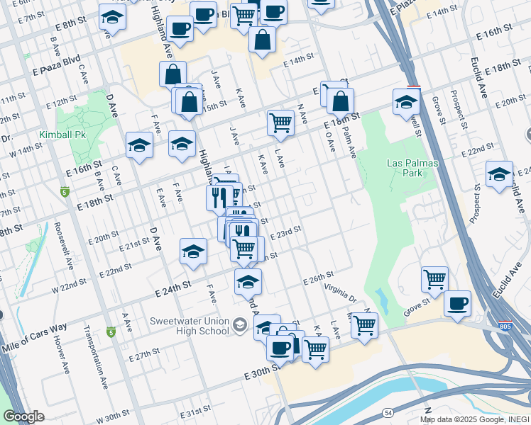 map of restaurants, bars, coffee shops, grocery stores, and more near 2140 K Avenue in National City