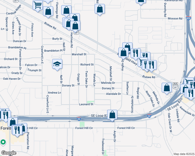 map of restaurants, bars, coffee shops, grocery stores, and more near 4708 Forest Knoll Drive in Forest Hill