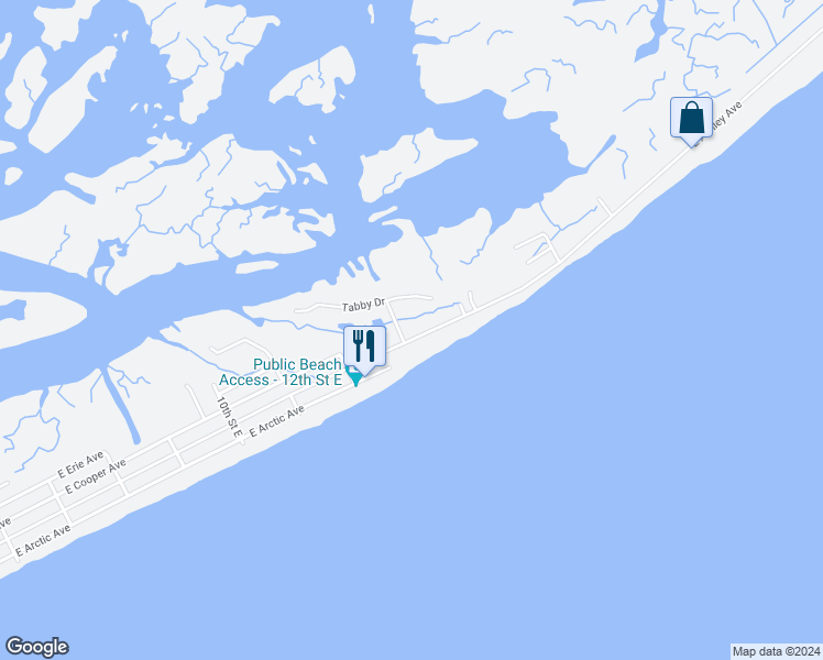 map of restaurants, bars, coffee shops, grocery stores, and more near 1304 East Ashley Avenue in Folly Beach