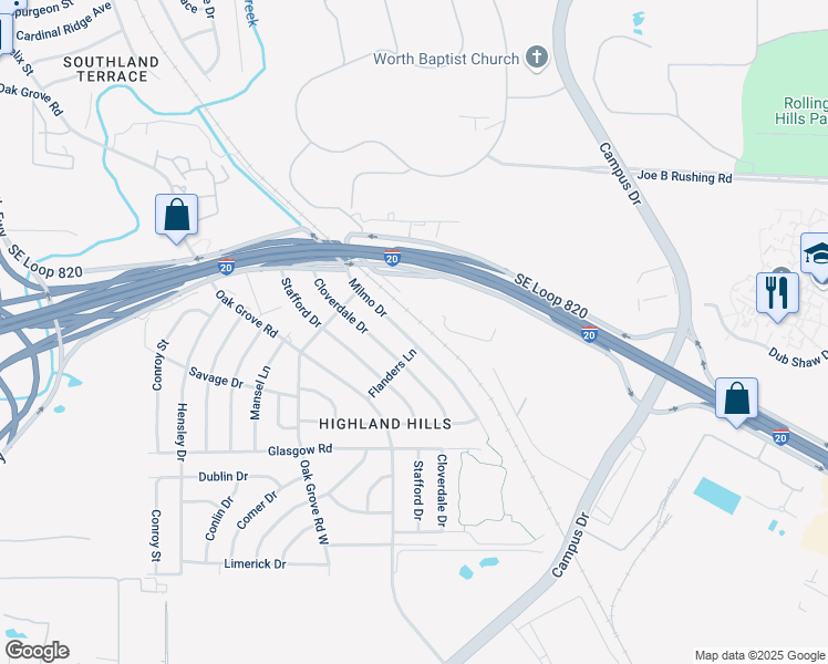map of restaurants, bars, coffee shops, grocery stores, and more near 1441 Milmo Drive in Fort Worth