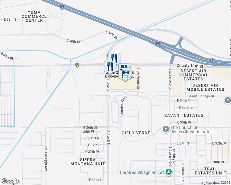 map of restaurants, bars, coffee shops, grocery stores, and more near 3325 South Avenue 8 East in Yuma