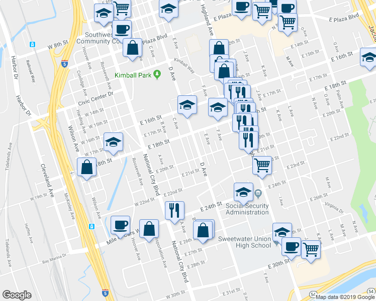 map of restaurants, bars, coffee shops, grocery stores, and more near 1906 C Avenue in National City