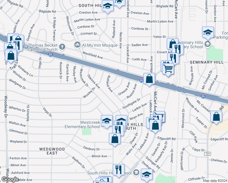 map of restaurants, bars, coffee shops, grocery stores, and more near 5300 Rutland Avenue in Fort Worth