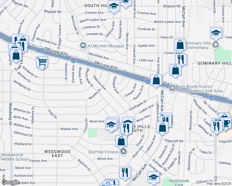 map of restaurants, bars, coffee shops, grocery stores, and more near 5300 Rutland Avenue in Fort Worth