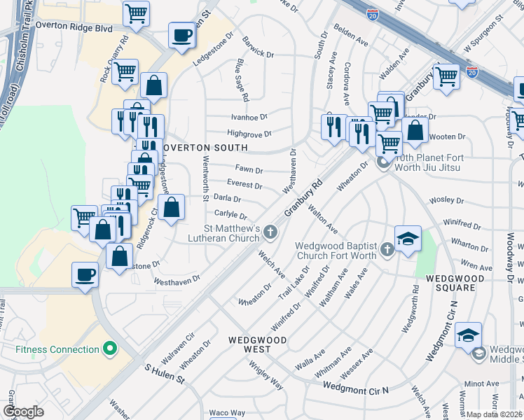 map of restaurants, bars, coffee shops, grocery stores, and more near 5617 Westhaven Drive in Fort Worth