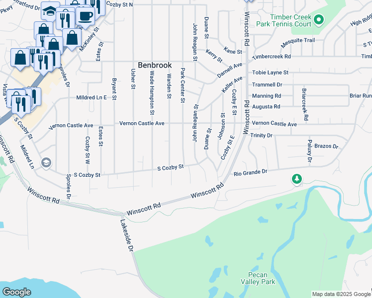 map of restaurants, bars, coffee shops, grocery stores, and more near 1217 Park Center Street in Benbrook