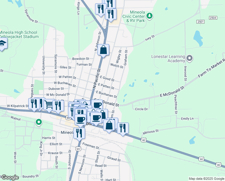 map of restaurants, bars, coffee shops, grocery stores, and more near 518 Wigley Street in Mineola