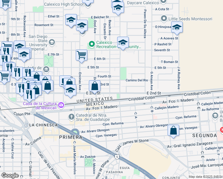 map of restaurants, bars, coffee shops, grocery stores, and more near 1009 East 2nd Street in Calexico