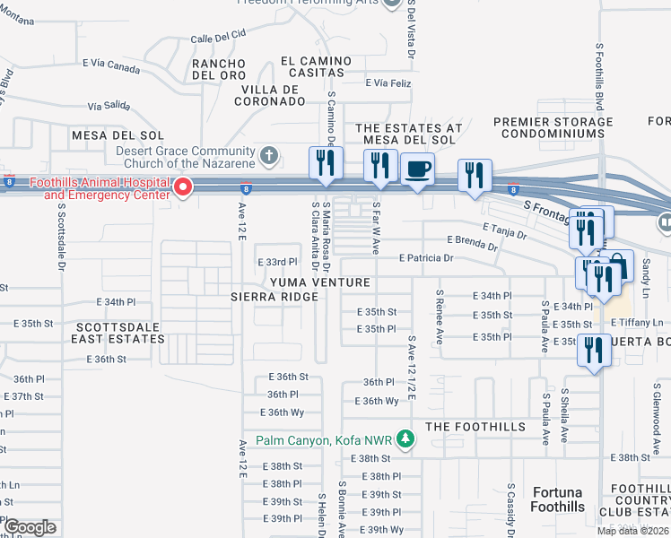 map of restaurants, bars, coffee shops, grocery stores, and more near 11288 South Maria Rosa Drive in Yuma