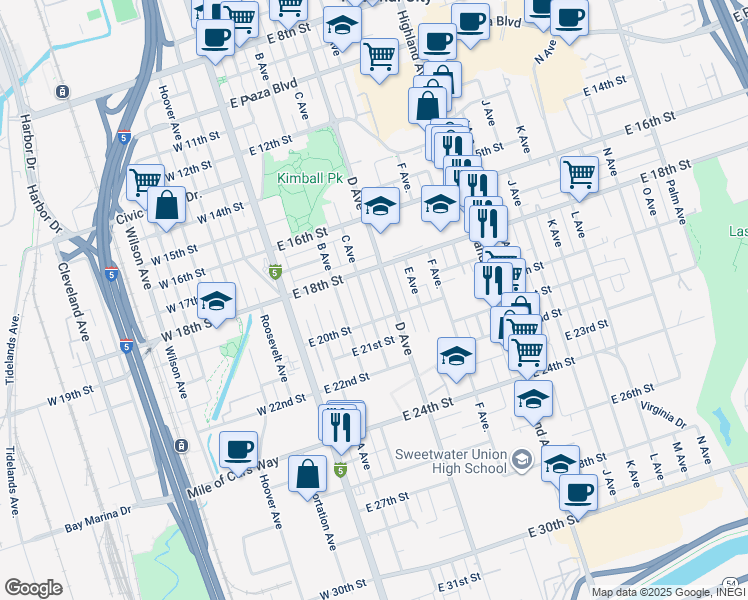 map of restaurants, bars, coffee shops, grocery stores, and more near 1906 C Avenue in National City