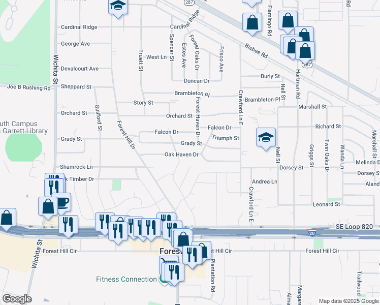 map of restaurants, bars, coffee shops, grocery stores, and more near 3613 Oak Haven Drive in Forest Hill