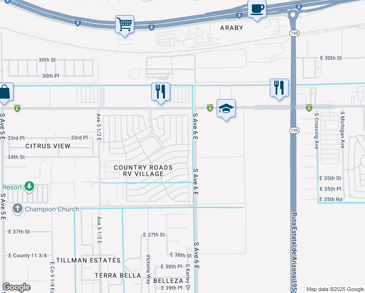 map of restaurants, bars, coffee shops, grocery stores, and more near 5707 East 32nd Street in Yuma