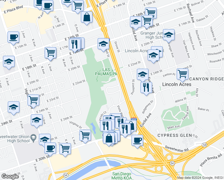 map of restaurants, bars, coffee shops, grocery stores, and more near 1915 Via Las Palmas in National City